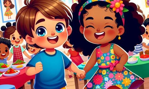 Um menino de 6 anos, Lucas, com cabelos castanhos e olhos brilhantes, sorri alegremente enquanto dança no meio de um grupo de crianças. Ele usa uma camiseta azul e um short amarelo, parecendo muito feliz por compartilhar um momento com seus amigos. Ao seu lado, Aisha, uma menina de 6 anos com cabelos negros cacheados e pele caramelo, ri enquanto dança, vestida com um vestido colorido de estampas florais. O cenário é uma sala de aula iluminada, cheia de decorações coloridas e desenhos de crianças nas paredes. Ao fundo, mesas estão carregadas de pratos variados representando diferentes culturas, criando uma atmosfera festiva e acolhedora. A cena principal mostra Lucas e Aisha dançando juntos, cercados por seus colegas, celebrando a diversidade através da dança e da comida, com sorrisos radiantes em todos os rostos.