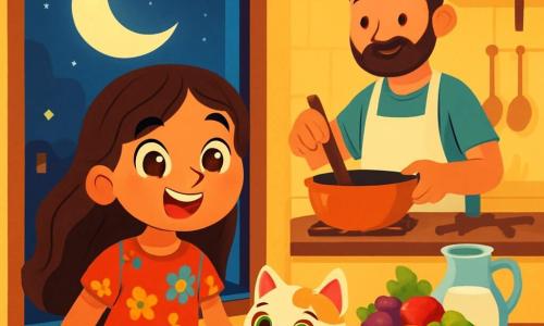 Una niña de 8 años, Amina, con largos cabellos castaños y ojos llenos de curiosidad, está frente a una ventana. Lleva un vestido colorido con motivos florales y una gran sonrisa iluminada por la luz de la luna. A su lado, un pequeño gato blanco con manchas doradas y ojos verdes brillantes juega con un ovillo de lana, añadiendo un toque de magia a la escena. En la cocina, su papá, un hombre de unos treinta años con barba bien cuidada y un delantal, prepara platos tradicionales, rodeado de deliciosos olores. La habitación es acogedora, con paredes pintadas de un suave amarillo, guirnaldas de luces brillantes colgadas del techo y una mesa de madera decorada con platos coloridos de frutas y leche. Amina, asombrada, observa al gato que la invita a la aventura, mientras la luna brilla afuera, creando una atmósfera mágica para celebrar la primera noche de Ramadán.
