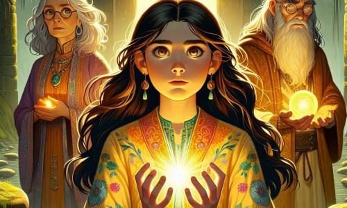 In the center of the image, a determined 12-year-old girl named Lyra stands confidently. She has long flowing brown hair, eyes shining with wonder, and wears a colorful tunic adorned with magical patterns. Her hands are raised, channeling a bright light from a small orb of magic she holds. Her face shows intense concentration and a glimmer of hope. Next to her, a wise old woman, around 70 years old with silver hair and round glasses, watches proudly. She wears a long dress and ancient jewelry, seemingly ready to assist in Lyra's quest. A 12-year-old boy, Jaxon, with messy brown hair and a fearless look, stands slightly back, holding a glowing technological device, ready to support Lyra in her fight. The setting is the Ruins of Eldara, an ancient magical site. Moss-covered stones and mysterious sculptures rise around them, while golden light filters through cracks in the walls, creating a magical yet eerie atmosphere. The main scene shows Lyra using her power to combat an approaching cloud of darkness, with sparks of light bursting around her, illuminating the ruins and pushing back the darkness.
