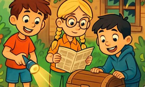 Há 3 personagens: - Miguel: um garoto de 9 anos, com cabelos castanhos bagunçados e olhos brilhando de curiosidade. Ele usa uma camiseta vermelha e um short azul, segurando uma lanterna na mão. - Sofia: uma menina de 9 anos, com óculos redondos e cabelos loiros trançados. Ela veste uma camisa de flores e uma calça verde, lendo um velho jornal com uma expressão concentrada. - Lucas: um garoto de 9 anos, com cabelos pretos e sardas no rosto. Ele usa um moletom azul e um jeans, olhando com entusiasmo para um velho baú de madeira. Os três amigos estão diante de uma cabana antiga, cercada por plantas trepadeiras e flores coloridas, com raios de sol filtrando através das janelas quebradas. O chão está coberto de folhas secas e pequenas pedras, adicionando um toque de mistério à atmosfera. A cena principal mostra as crianças descobrindo um velho baú de madeira, com expressões de admiração em seus rostos, enquanto se preparam para abri-lo e revelar o tesouro escondido dentro.