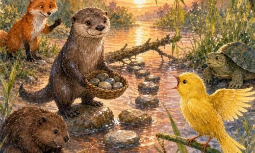 Milo, a jovial otter with soft eyes and fine whiskers, stands on the riverbank with a small basket of smooth stones, glossy wet fur and paws on a wet rock, looking toward Pip, a bright yellow young canary perched on a reed, anxious then reassured with wings half-open; Bramble, a mischievous red fox, watches from the left with a wry smile and a raised paw; Nia the sturdy beaver crouches nearby holding a small wooden ruler, and Tansy the turtle sits calmly on the right bank; at twilight the coppery river shimmers amid reeds and willows with a fallen branch partly bridging the water, as they cooperatively build a stepping-stone path to cross, Milo organizing, Pip watching from above, others placing stones, expressions of relief and quiet joy.