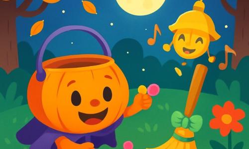 Pip, the round and shiny pumpkin-shaped bucket, wears a small purple cape and has a big joyful smile. He is sharing colorful candies with his friends. Bristle, the little broom, has a green bow and is gently sweeping the path with a focused and friendly expression. Tinka, the wind chime, sparkles with little bells and dances joyfully in the wind, producing sweet and melodic sounds. The scene takes place in a magical garden, lit by the full moon, with golden leaves falling from the trees, brightly colored flowers, and soft shadows dancing on the ground. Pip and his friends gather around a small pile of candies, laughing and sharing treats, creating a warm and friendly atmosphere filled with joy and camaraderie.