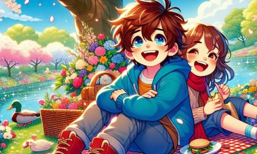 A 10-year-old boy, Sam, with messy brown hair and a bright smile, is sitting on a checkered blanket surrounded by colorful flowers. He wears a blue hoodie and red boots, his eyes sparkling with joy and wonder. Next to him is his best friend Mia, a 10-year-old girl with brown hair in two pigtails, laughing while holding a sandwich in one hand and a notebook in the other, ready to write down their discoveries. Their faces are lit by the spring sun, with a large flowering cherry tree, with pink and white petals, majestically standing behind them, creating a magical atmosphere. The ground is scattered with fallen petals, and the sky is a bright blue with a few fluffy white clouds. Sam and Mia are enjoying a joyful picnic by a sparkling pond, where ducks swim peacefully. They marvel at the wonders of spring, surrounded by the beauty of awakening nature.
