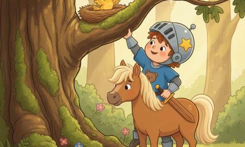 A small, brave six-year-old boy in an oversized shiny silver armor and helmet with a star sticker gently smiles as he reaches to return a fluffy yellow fledgling to its nest; he has round cheeks, brown hair peeking from the helmet, a blue tunic with a bear motif and a wooden sword at his belt; beside him stands a gentle brown pony with a cream mane, head bowed and hooves on the grass; the nest sits in an old oak branch in a sunlit forest clearing with thick green moss and wildflowers, the scene warm, tender and softly contoured.