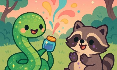 A cheerful, wide-eyed green snake named Slinky with glittering emerald scales, coiled and holding a small blue jar with a gold lid in its tail, releases invisible fireworks that become colorful, puffy sound-waves; beside it sits a plump, mischievous raccoon named Gobble with sticky purple-stained front paws, clapping and watching the dancing sounds with a half-eaten cookie nearby; setting: the grassy Tumblewood clearing at twilight with soft tufts, twisted bushes, curved-tree trunks and a pink-orange sky with first stars; mood: joyful, luminous, soft motion; style: minimalist kawaii, vivid pastel palette, clean outlines, simple textures, highly readable adorable expressions.