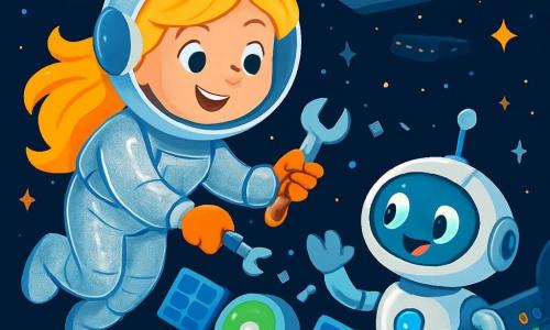 Una giovane donna, Stella, fluttua nello spazio, con capelli biondi brillanti e un sorriso radioso, indossa una tuta spaziale argentata che scintilla sotto le stelle. Sembra determinata e gioiosa, concentrata sulla sua missione. Accanto a lei, il suo assistente robotico Pipp, un piccolo robot dagli occhi luminosi e corpo rotondo, osserva attentamente gli schermi di controllo dell'astronave. Lo sfondo è un vasto spazio nero punteggiato di stelle scintillanti, con un enorme cargo spaziale sullo sfondo, le sue luci lampeggianti creano un'atmosfera futuristica. In primo piano, un piccolo satellite, circondato da detriti, emette una luce verde, segnalando che ha bisogno di aiuto. La scena principale mostra Stella intenta a riparare il satellite, utilizzando strumenti fluttuanti, mentre Pipp la incoraggia con gesti amichevoli. L'intera scena trasmette un'atmosfera di avventura e scoperta, piena di colori vivaci e stelle brillanti.