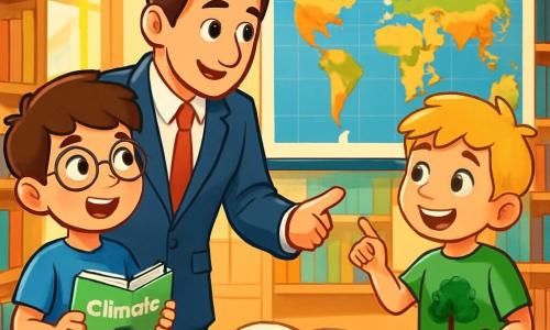 There are two main characters: - Sam: an 8-year-old boy with brown hair and round glasses. He wears a blue t-shirt with a sun design and beige shorts. He stands on the left, his eyes shining with excitement, holding a book about climate. - Ben: an 8-year-old boy with messy blonde hair and a wide smile. He wears a green t-shirt with a tree design and shorts. He is on the right of Sam, pointing at a colorful map on a large board. The main setting is a bright library with large windows letting in sunlight. The walls are filled with wooden shelves loaded with colorful book covers. At the back, there is a large world map on the wall, illustrating the different climates of the planet. The main situation shows Sam and Ben discussing with a man in a suit, a weather technician, who explains climate change to them. They are surrounded by open books and colorful graphs, with illustrations of the Earth, trees, and solar panels, while sunlight filters through the windows, creating a warm and welcoming atmosphere.