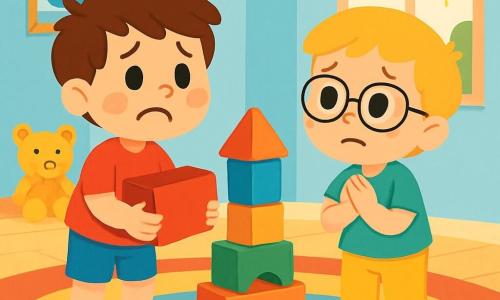 There are 2 main characters: Tom, a 5-year-old boy with messy brown hair and a bright smile, wearing a red t-shirt and blue shorts, standing on the left holding a large red block. Ben, also 5 years old, has blonde hair and round glasses, wearing a green t-shirt and yellow pants, is on the right looking at Tom with hopeful eyes. The main setting is a bright playroom with light blue walls and colorful rugs, toys scattered on the floor, and a large window letting in sunlight, creating a cheerful atmosphere. The main situation shows Tom and Ben building a tall tower with blocks. Tom, holding his red block, looks at Ben, who asks him to share. Both boys express sadness and hope as the block tower begins to take shape, symbolizing their friendship and sharing.