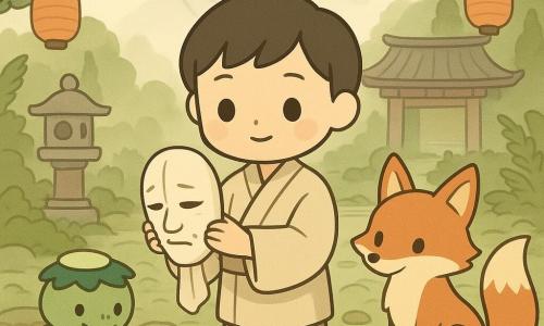 A young man, Kenji, with a round face and large eyes and a humble, serene expression stands center holding delicately an old off-white wooden mask wrapped in pale cloth; behind him to the right sits a red kitsune with mischievous eyes and a fluffy white-tipped tail as a guide, while to the left at the edge of a shallow stream a small green kappa with a gleaming water-dish on its head stirs a leaf and watches him; a mountain kami appears as soft silver mist shaped like an ethereal crane behind a stone temple and the river kami as translucent blue ribbons of water before a red arched bridge in an ancient mossy Japanese temple courtyard with orange paper lanterns, ferns and tall cedars; Kenji offers the mask between the mountain mist and river ribbons in a luminous, peaceful moment with soft colors (cream, deep red, moss green, pale blue), symmetrical composition and warm twilight light.