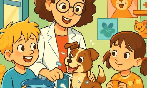 Dr. Lily Harper, a veterinarian in her thirties with curly brown hair and round glasses, is wearing a white coat and smiling energetically while examining a small dog with bright eyes. Next to her, an 8-year-old boy with messy blonde hair and a blue t-shirt holds a bucket of water to wash the dog, looking at Lily with admiration. In a corner, a 7-year-old girl with brown pigtails and a flower dress holds a towel, ready to dry the dog after its bath. The scene takes place in a bright and welcoming veterinary clinic with pastel green walls, colorful animal posters, and shelves filled with pet toys. At the center, a stainless steel examination table shines under the sunlight coming through the window, creating a warm and joyful atmosphere. The main situation shows Dr. Lily and the children washing a small dog that is splashing water while the kids laugh and enjoy, creating a moment of happiness and bonding.
