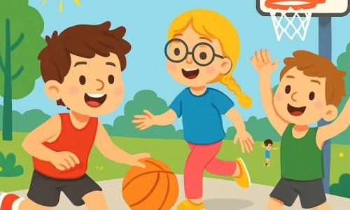 There are 3 characters: - Alex: a 10-year-old boy with messy brown hair and a bright smile. He is wearing a red basketball jersey and black shorts, enthusiastically dribbling the ball. - Mia: a 9-year-old girl with braided blonde hair and glasses. She is wearing a blue t-shirt and pink leggings, running toward Alex to receive the ball. - Leo: a 10-year-old boy with brown hair and freckles. He is wearing a green jersey and gray shorts, ready to shoot at the basket with his arms raised. The main setting is a sunny park with a concrete basketball court, surrounded by green trees and colorful flowers. The sky is blue with a few white clouds, and children are playing in the background. The scene shows Alex, Mia, and Leo in action, helping each other to score a basket. Alex is energetically dribbling the ball, Mia is running toward him with a big smile, and Leo is preparing to shoot. The atmosphere is joyful and dynamic, filled with bright colors and sporty energy.