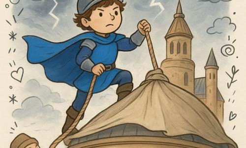 A young boy knight, Sir Rowan, with a bright blue tabard billowing in the wind, stands bravely on the roof of the library's grand dome, firmly holding a rope. His face shows fearless determination. Rowan's brown curly hair is slightly tousled by the wind. Next to him, a group of elderly librarians with kind and focused expressions stands below, looking up at him with admiration. They wear long, colorful robes, and one of them, a woman around 60, holds an old rolled-up scroll. The scene takes place on the roof of Cloudstone Library, a majestic building with towers and narrow windows, under a sky troubled by dark, threatening clouds. The main situation shows Rowan securing the dome with a fabric sheet while the wind blows strongly and lightning illuminates the sky, creating a dramatic and heroic atmosphere.