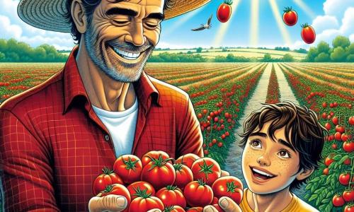 Um homem, Seu Pedro, está no centro da imagem, sorrindo com olhos brilhantes de alegria. Ele veste uma camisa xadrez vermelha e um chapéu de palha, suas mãos estão cheias de tomates vermelhos brilhantes que ele acabou de colher. Ao seu lado, um garoto chamado João, com cerca de 8 anos, cabelos castanhos bagunçados e uma camiseta amarela, observa maravilhado os tomates, com as mãos na cintura, pronto para ajudar. A cena acontece em uma vasta fazenda ensolarada, com fileiras de plantas de tomates com frutos vermelhos vibrantes, e ao fundo, campos verdes se estendem até onde a vista alcança, sob um céu azul salpicado de nuvens brancas. A situação principal mostra Seu Pedro e João colhendo tomates, cercados pela beleza da natureza, com raios de sol iluminando a cena e pássaros voando alegremente acima deles.