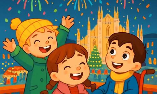 Ci sono 3 personaggi: Filippo, un ragazzo di 7 anni con capelli castani e occhi brillanti, seduto in una sedia a rotelle rossa, indossa un cappotto blu e una sciarpa gialla, sorride guardando il cielo; Riccardo, un ragazzo di 7 anni con capelli biondi disordinati e un grande sorriso, indossa un berretto giallo con pompon e un cappotto verde, è in piedi accanto a Filippo, sollevando le braccia in segno di entusiasmo; Anna, una ragazza di 7 anni con capelli castani e trecce, indossa un vestito rosso con motivi di fiocchi di neve e un cappotto rosa, si trova davanti ai ragazzi, tiene in mano una tazza di cioccolata calda e ride di gioia. L'ambientazione è un balcone che si affaccia su una grande piazza illuminata di Milano, decorata con luci scintillanti, bancarelle di cibo colorate e persone che ballano e si divertono, mentre i fuochi d'artificio esplodono nel cielo notturno. I tre amici festeggiano insieme il Capodanno, circondati da fuochi d'artificio e coriandoli colorati, ridendo e abbracciandosi, condividendo la loro gioia e la cioccolata calda in un'atmosfera festosa.