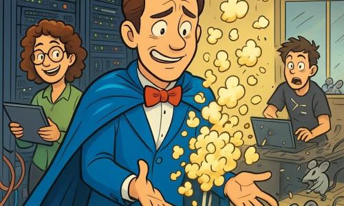 A confused, embarrassed Captain Courteous with furrowed brows but a shy smile, shiny blue cape, smart suit and bow tie, brown hair slicked back, reaching to catch popcorn shooting from vents; Ms. Widget, 35–45, amused and knowing, short curly hair and round glasses, holding a tablet at the hero’s left near a large server rack, laughing; a young male IT team member (~25) in a geek T‑shirt at the right background typing wildly as keyboard keys fly; several small light‑gray mice tapping computer mice near a window drawn to a pile of popcorn; detailed server room with rows of black servers with green/red LEDs, computer screens showing red alerts, tangled colorful cables, tiled floor and slightly yellow fluorescent light; a comic popcorn explosion from vents with buttery kernels and steam clouds, flying keys and characters, amused expressions and light chaos, clear-line style, bright colors, exaggerated expressions and a warm humorous atmosphere.