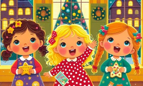 Three joyful three-year-old girls stand at the center of the scene. Lily, with curly hair and a red dress with white polka dots, smiles while holding a star-shaped cookie. To her right, Daisy, with braided blonde hair and wearing a green dress, enthusiastically sings with her arms raised. To the left, Rosie, with rosy cheeks and a blue dress, holds a packet of colorful Christmas-themed cards, ready to distribute them. The scene takes place in front of a warm orphanage with yellow walls and windows illuminated by twinkling lights. A large Christmas tree, adorned with shiny ornaments and golden garlands, stands inside, while snowflakes gently fall outside, creating a magical atmosphere. The girls, full of energy and joy, embark on a mission to share cookies and Christmas cards with their neighbors, bringing magic and warmth to their community.