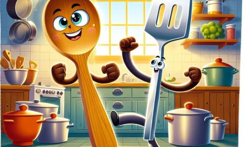 Sammy, een glimlachende houten pollepel met sprankelende ogen, staat in het midden van de keuken, klaar om een uitdaging aan te gaan, met zijn armen enthousiast omhoog. Naast hem staat Grits, een glanzende metalen garde met een ondeugende glimlach, die zich voorbereidt om te springen, met een vastberaden uitdrukking. De keuken is helder en kleurrijk, met zonnestralen die door een raam filteren, potten en pannen die boven hen hangen, en een groot houten aanrecht met verspreide ingrediënten. De hoofdscène toont Sammy en Grits die samen trainen, klaar om een obstakel te overwinnen, een grote kookpot die de ingang van de Lade Dojo blokkeert, wat hun vastberadenheid en teamgeest symboliseert.