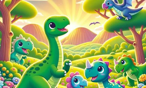 Dippy the Diplodocus, a large dinosaur with a long neck and green skin, stands center stage with a big joyful smile on his face. His eyes shine with excitement as he holds a shiny stone in his mouth. Next to him, Tilly the Triceratops, a small dinosaur with three horns on her head and pink skin, jumps for joy with her front legs raised in the air. In the background, Benny the Brachiosaurus, an even larger dinosaur with a slender neck and yellow spots, bends down to eat leaves from a majestic tree. Lila the Pterodactyl, with her colorful wings and blue feathers, joyfully flies above them, her eyes sparkling with happiness. The setting is a lush valley filled with brightly colored flowers, sturdy trees, and a warm golden light from the setting sun illuminating the landscape. In the distance, gentle hills are outlined under a blue sky dotted with fluffy white clouds. The scene depicts Dippy and his friends celebrating their arrival in this new home, surrounded by nature, sharing their joy and friendship in a moment of pure happiness.