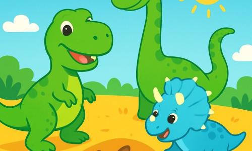 Tyranozaur Rex o imieniu Tino, z jaskrawozieloną skórą i błyszczącymi oczami pełnymi ciekawości, stoi na dużym terenie złotego piasku, uśmiechając się entuzjastycznie. Obok niego jest Diplodok o imieniu Dinu, długi i elegancki, z wydłużoną szyją i zielonymi łuskami, który przyjaźnie patrzy na Tino, podczas gdy mały Triceratops o imieniu Malu, z uroczymi rogami i błękitną skórą, radośnie skacze obok nich. Niebo jest intensywnie niebieskie, usiane puszystymi białymi chmurami, a słońce świeci jasno, oświetlając krajobraz. Scena przedstawia Tino i jego przyjaciół odkrywających starożytny ślad dinozaura w piasku, symbolizujący ich poszukiwanie przygód i przyjaźni.