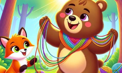 Un pequeño oso marrón, llamado Bruno, baila alegremente en un claro del bosque, con ojos brillantes de felicidad y una amplia sonrisa en su rostro. Su pelaje es suave y sedoso, y lleva una pequeña bufanda colorida alrededor del cuello que vuela con sus movimientos. A su lado, un zorro naranja brillante, llamado Lupe, está tejiendo una tela brillante con hilos de colores, con una expresión concentrada y entusiasta. Lupe tiene ojos traviesos y una cola esponjosa que se agita con emoción. El lugar es un claro soleado, rodeado de majestuosos árboles de hojas verdes brillantes, con flores multicolores esparcidas por el suelo. Los rayos de sol filtran a través de las ramas, creando patrones luminosos en el suelo. La situación principal muestra a Bruno y Lupe compartiendo un momento de alegría y creatividad, celebrando la igualdad de género al aprender el uno del otro, rodeados de una atmósfera de camaradería y amistad.