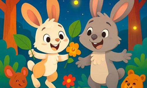 Un pequeño conejo llamado Bruno, con grandes orejas suaves y un pelaje blanco y marrón, salta de alegría con una gran sonrisa en su rostro. Sus ojos brillan de emoción mientras sostiene una hermosa hoja brillante y una flor cantarina en sus pequeñas patas. A su lado, su papá conejo, un gran conejo gris con una expresión afectuosa y ojos chispeantes, mira a su hijo con orgullo, sonriendo ampliamente y con los brazos abiertos, listo para recibir un abrazo. La escena tiene lugar en el Bosque de los Sueños Dulces, un lugar mágico lleno de árboles de troncos coloridos, flores danzantes y luciérnagas centelleantes que iluminan el cielo crepuscular. Bruno está preparando una sorpresa especial para su papá, rodeado de todos sus amigos animales, que los miran con asombro y alegría, listos para celebrar el Día del Padre en un ambiente festivo y cálido.