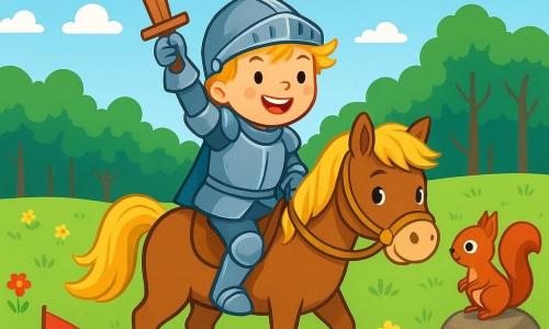 Młody rycerz o imieniu Jaś, mający około 8 lat, dumnie stoi na swoim małym kucyku, Gwiazdce. Ma na sobie błyszczącą zbroję z lekkiego metalu, nieco za dużą, a jego twarz rozświetla zdecydowany i radosny uśmiech. Jego blond włosy powiewają na wietrze, a w ręku trzyma mały drewniany miecz. Obok niego mała ruda wiewiórka z ciekawym spojrzeniem stoi na głazie, obserwując Jasia błyszczącymi od inteligencji oczami. Tło to piękna zielona łąka, gdzie trawa jest usiana kolorowymi kwiatami, a w oddali widać majestatyczny las z wysokimi, liściastymi drzewami. Niebo jest jasnoniebieskie, z kilkoma puszystymi białymi chmurami. Scena przedstawia Jasia, który wbija małe kolorowe flagi, aby wytyczyć granicę między swoim królestwem a lasem, czyniąc akt odwagi i dobroci, podczas gdy promienie słońca oświetlają jego twarz, symbolizując nadzieję i harmonię.