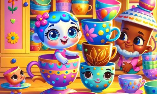 En el centro de la imagen, Lila, una pequeña taza azul decorada con puntos multicolores, sonríe alegremente con ojos brillantes de emoción. Está extendiendo la mano hacia Vera, una taza de té marrón brillante con hojas doradas, que muestra una expresión tímida pero feliz. Junto a ellas, Cira, una taza rosa con motivos florales, observa con orgullo, sus ojos brillando de apoyo. En el fondo, Papá Plato, un gran plato redondo con bordes dorados, sonríe con benevolencia, observando la escena con un aire protector. El decorado es una alacena colorida, llena de tazas, vasos y platos de todas formas y colores, iluminada por una suave luz dorada que crea una atmósfera cálida y acogedora. La situación principal muestra a Lila y Vera jugando juntas, construyendo una torre de tazas, mientras los otros personajes las animan, celebrando la diversidad y la amistad en un momento de alegría colectiva.