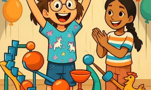 A 12-year-old girl, Maggie, with messy brown hair and round glasses, stands center stage, her face lit up with excitement and adrenaline. She wears a colorful t-shirt with unicorn patterns and denim shorts, her arms raised in triumph as she looks at her amazing Rube Goldberg machine, which stretches behind her in a joyful mess of bright colors. Next to her is her best friend Priya, also 12, with braided black hair and a bright smile, enthusiastically applauding while wearing a striped t-shirt and comfortable pants. She stands slightly back, her eyes shining with admiration for Maggie. The setting is a school auditorium filled with curious spectators, colorful balloons hanging on the walls, and a shiny wooden stage adorned with twinkling garlands. The main scene shows Maggie presenting her extravagant machine, which is in action, with falling dominoes, bouncing balls, and a dancing plastic chicken, causing laughter in the audience. The atmosphere is full of energy, laughter, and a touch of childlike magic.