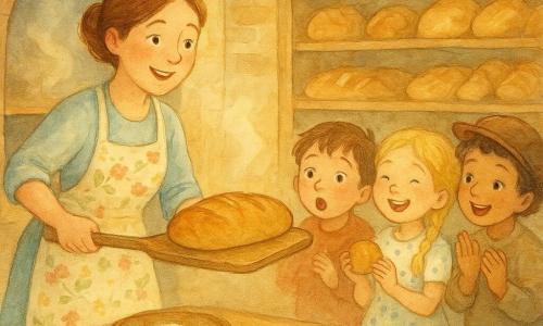 O brutăriță souriantă și binevoitoare, părul castaniu prins în coadă, mănuși pudrate cu făină și șorț cu flori, scoate pâini rumene dintr-un cuptor de cărămidă cu o paletă mare de lemn; un băiat de circa 6 ani, Luca, cu ochi curioși, și prietena lui de 7 ani cu coadă blondă și rochie cu buline, stau lipiți de vitrină — el cu gura căscată, ea râzând cu o brioshă în mâini — iar un alt băiat cu păr creț și pălărie aplaudă și arată spre rafturile pline de pâine; interiorul e cald și primitor, cu pereți de piatră deschisă, rafturi mari de lemn, o masă cu boluri de făină, lumină aurie de dimineață care pătrunde prin fereastră și firimituri strălucitoare pe masă.