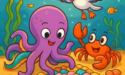 Marina, un giovane polpo dai tentacoli vibranti e colorati, sta creando un magnifico mosaico di conchiglie. Ha uno sguardo concentrato e gioioso, con occhi brillanti di creatività, mentre dispone delicatamente le conchiglie dai colori vivaci sul fondo marino. Carlotta, un granchio con il carapace rosso vivo e chele agili, è accanto a lei, mostrando un'espressione di incoraggiamento ed eccitazione. Usa le chele per contare le conchiglie, pronta ad aiutare Marina. Gino, un gabbiano dalle piume bianche e grigie, vola sopra di loro, osservando con un sorriso amichevole, pronto a dare consigli. Il luogo è una bella insenatura sottomarina, bagnata da una luce dorata, con alghe danzanti e pesci colorati che nuotano intorno a loro, creando un'atmosfera gioiosa e vibrante. La scena principale mostra Marina e i suoi amici in piena collaborazione, ognuno contribuendo con il proprio tocco unico alla creazione, illustrando così l'armonia della diversità e il potere dell'amicizia.