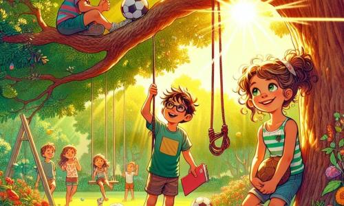 Una ragazza di 12 anni, di nome Martina, si trova ai piedi di un grande albero di quercia, con capelli ricci e un sorriso determinato. Indossa una maglietta colorata e un pantaloncino, tenendo un taccuino in una mano e una corda nell'altra, pronta a recuperare un pallone da calcio bloccato tra i rami. Accanto a lei, suo fratello minore Luca, di 8 anni, con occhi brillanti e capelli corti, la guarda con ammirazione, seduto su un'altalena, impaziente di vederla riuscire. Più lontano, i loro amici, Pietro, un ragazzo di 12 anni con occhiali e una maglietta a fantasia, esamina un gadget nel suo zaino, e Sofia, una ragazza di 11 anni con capelli lunghi e intrecciati, scala abilmente un ramo basso dell'albero, pronta ad aiutare. Il luogo è un parco soleggiato, pieno di fiori colorati e verde, con raggi di sole che filtrano tra le foglie dell'albero maestoso. Sullo sfondo, bambini giocano e ridono, aggiungendo un'atmosfera gioiosa alla scena. La situazione principale mostra Martina, piena di determinazione, che cerca di lanciare una corda verso il pallone da calcio bloccato tra i rami, circondata dai suoi amici che la incoraggiano in questa avventura piena di sfide.