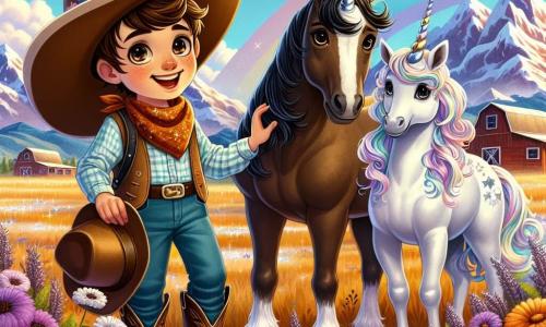 Um jovem, Ben, está no centro da imagem, usando um grande chapéu de cowboy e botas de couro que brilham ao sol. Ele tem cabelos castanhos e olhos curiosos, exibindo um sorriso largo e alegre. Ben acaricia seu cavalo, Estrela, um magnífico cavalo negro com uma crina ondulante, que parece amigável e pronto para a aventura. Ao lado de Ben, um grupo de três unicórnios, criaturas mágicas, se apresenta majestoso. O primeiro, um unicórnio de cores pastel, usa um chapéu florido e olha para Ben com benevolência. O segundo, um unicórnio prateado, brilha ao sol, enquanto o terceiro, um unicórnio dourado, se aproxima com curiosidade, seus olhos brilhando de inteligência. O cenário é uma vasta pradaria colorida, cheia de flores sob um céu azul claro, com montanhas distantes de picos nevados. Nuvens fofas flutuam preguiçosamente, adicionando um toque de magia. A cena principal mostra Ben, excitado, descobrindo os unicórnios nesta pradaria encantada, pronto para compartilhar seu sonho de aventura e tesouro com essas criaturas maravilhosas.