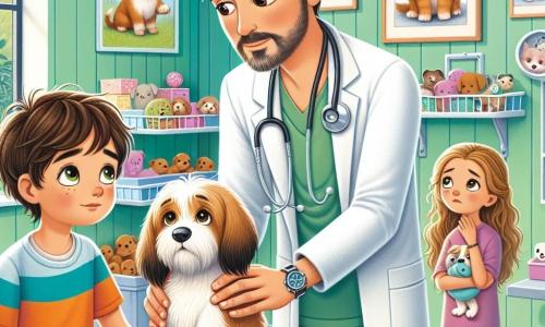 Un veterinar bărbat, de aproximativ 40 de ani, cu păr cărunt și barbă îngrijită, exprimă blândețe și determinare. Poartă un halat alb și mănuși de latex, aplecat peste o masă de examinare, verificând o cățelușă brună, Bella, care pare puțin îngrijorată, dar atentă. Lângă el, un băiat de 10 ani, Radu, cu păr castaniu și ochi strălucitori, observă fascinat, purtând un tricou colorat și blugi, ținând o jucărie în formă de minge pentru a o încuraja pe Bella. Mai departe, o fetiță de 8 ani, Ana, cu păr lung și blond, privește cu o expresie de îngrijorare și speranță, ținând în brațe o pisicuță albă, Lumea, care pare obosită. Scena are loc într-o clinică veterinară luminoasă și primitoare, cu pereți verzi pastel, afișe cu animale zâmbitoare și rafturi pline de jucării pentru animale. Feroneria lasă să pătrundă lumina soarelui, creând o atmosferă caldă. Situația principală arată veterinarul care o liniștește pe Bella, explicându-le lui Radu și Ana cum o va ajuta, ilustrând legătura specială dintre oameni și animale într-un cadru binevoitor.