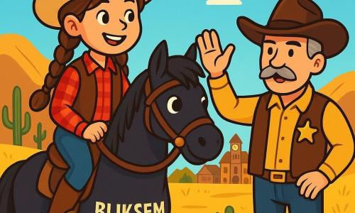 Een jonge cowgirl, Sammie, ongeveer 10 jaar oud, met lange gevlochten bruin haar en een brede vastberaden glimlach, zit op haar zwarte paard genaamd Bliksem. Ze draagt een beige cowboyhoed, een rood geruit shirt en een leren vest. Sammie kijkt met nieuwsgierigheid en opwinding naar het dorp in de verte. Naast haar staat de sheriff, een man van rond de vijftig met een grijze snor en een brede hoed, die zijn hand opsteekt om haar aandacht te trekken, zijn gezicht is serieus maar vriendelijk. De achtergrond is een gouden prairie, bezaaid met cactussen en rotsen, met heuvels op de achtergrond onder een stralende blauwe lucht. In de verte is het dorp te zien met houten gebouwen en een grote klok op het gemeentehuis. De belangrijkste situatie toont Sammie die klaar is om op avontuur te gaan, vastbesloten om het mysterie van de verdwijning op te lossen, terwijl de sheriff haar de situatie uitlegt met expressieve gebaren.