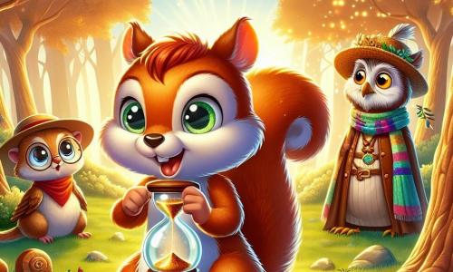 Un giovane scoiattolo di nome Squeaky, con una pelliccia morbida e rossa, occhi brillanti di curiosità e un ampio sorriso, si trova al centro dell'immagine, tenendo un piccolo clessidra scintillante tra le zampe. Accanto a lui, un saggio gufo dalle piume marroni e bianche, con occhiali rotondi sul naso, osserva con aria seria, pronto a guidare Squeaky nella sua avventura. Un vecchio ratto della foresta, con un cappello di paglia e una sciarpa colorata, si trova un po' in disparte, con un'espressione di preoccupazione, guardando gli altri con curiosità. Lo sfondo è un'ampia radura verdeggiante, circondata da alberi maestosi con foglie dorate, illuminata dai raggi del sole al tramonto, creando un'atmosfera magica e calorosa. In lontananza, si scorge una grande quercia, simbolo di saggezza e incontro, dove gli animali si riuniscono per discutere. La scena principale mostra Squeaky e i suoi amici mentre preparano il loro viaggio nel tempo, con scintille di luce attorno a loro, simboleggiando l'avventura che li attende. L'eccitazione e l'anticipazione si leggono sui loro volti, pronti a tuffarsi nella storia e vivere avventure straordinarie.