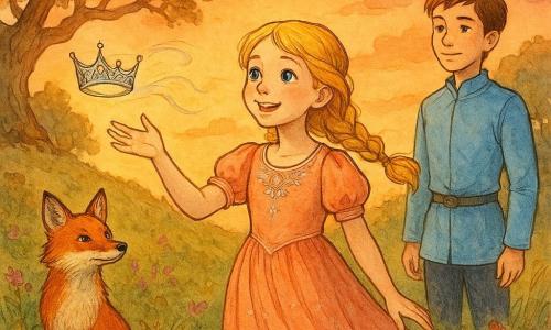 Princess (girl), round face, loose golden-blond braids, bright blue eyes and an amazed smile, wearing a light peach dress with silver embroidery, reaching to touch a delicate silver-thread crown floating on a breeze; Prince (boy), about 12, slender, short chestnut hair, simple sky-blue suit, standing slightly back on the hill with a gentle, protective gaze admiring the princess; Finn the fox, male, bright red coat and slender muzzle, sitting by a bush to the left with alert ears and a wise expression; setting: hilltop at sunrise with tall grass and pink and violet wildflowers, twisted old oaks in the background, glowing orange sky with pink clouds and soft golden light; mood: calm, magical, poetic, warm colors, fine ink outlines and detailed fabric and fur textures.