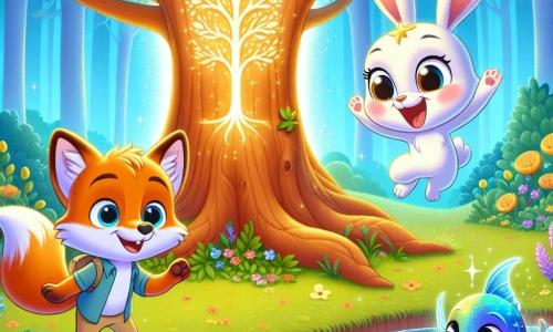 A small orange fox named Finn, with shiny fur and a curious look, stands in front of a large ancient tree glowing with a soft light. He has an expression of wonder and determination, ready to uncover the hidden treasure. Next to him, a lovely little white bunny with sparkling eyes and a grateful demeanor is joyfully hopping, expressing her gratitude after being rescued. In the nearby sparkling water, a magical fish named Luna, with iridescent scales and a friendly smile, swims in circles around them. The setting is an enchanted forest filled with colorful flowers dancing in the breeze and a shimmering stream reflecting the blue sky. The main scene shows Finn, the fox, addressing the glowing tree, ready to discover the treasure of kindness and courage, while his friends encourage him with radiant smiles.