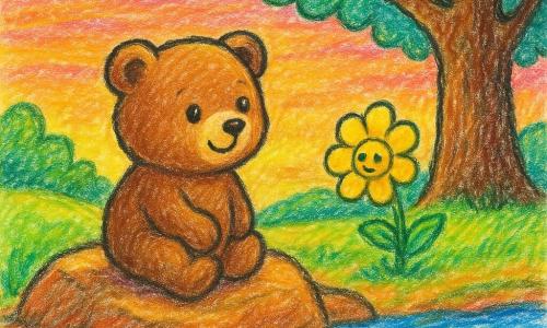 Un ursuleț de pluș realist, blăniță brună, stă pe o stâncă caldă, zâmbind blând și privindu-se contemplativ spre orizont. Un pârâu limpede șerpuiește lângă stâncă, cu reflexe albastre și mici valuri; pare să cânte. În plan secund, un stejar bătrân cu scoarță aspră și ramuri dese îi oferă un aer protector. O floare galbenă cu petale rotunde, înclinată spre ursuleț. Cerul de apus în nuanțe portocalii, roz și violet, cu primele stele; lumină caldă. Imaginea transmite liniște, curiozitate și blândețe, cu linii simple, contururi groase și culori saturate, stil desen de copil.