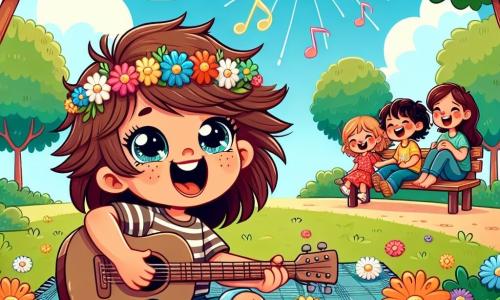 Uma jovem chamada Lia, com longos cabelos castanhos e olhos brilhantes de alegria, está sentada em uma toalha colorida em um parque ensolarado. Ela toca violão com um grande sorriso no rosto, cercada por flores multicoloridas que dançam ao vento. Ao lado dela, um menino de 8 anos, Tomás, com cabelos castanhos bagunçados e uma camiseta listrada, canta com entusiasmo, os braços levantados para o céu, cheio de energia e felicidade. O parque está repleto de árvores verdes, risadas de crianças brincando ao longe e famílias sentadas em bancos, aproveitando o lindo dia. Ao fundo, um céu azul vibrante está salpicado de algumas nuvens brancas fofas. Nesta cena, Lia e Tomás estão se preparando para uma apresentação em um show de talentos, capturando a atenção dos transeuntes que se aproximam para ouvi-los, criando uma atmosfera alegre e festiva.