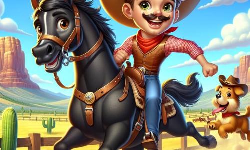 Un cowboy zâmbitor, un tânăr cu o mustață mare și brună și o pălărie largă din paie, se află mândru pe calul său negru, Blaze, într-o postură dinamică. Poartă o cămașă cu carouri roșii și o vestă din piele, iar ochii îi strălucesc de excitație și determinare. Lângă el, un câine mic, Lucky, un cățel drăgălaș cu blană aurie, sare fericit, cu limba atârnând, exprimându-și bucuria și entuziasmul. În fundal, un peisaj de câmpie aurie se întinde la orizont, presărat cu cactuși verzi și munți măreți sub un cer albastru strălucitor, cu câteva nori albi pufoși. Scena are loc în timpul unei competiții de cowboy, unde spectatori entuziaști, bărbați și femei de toate vârstele, aplaudă și încurajează participanții. Cowboy-ul se îndreaptă cu viteză pe pista de curse, pregătit să-și demonstreze abilitățile de călăreț și să câștige titlul de cel mai bun cowboy, în timp ce soarele strălucește intens, iluminând scena cu o lumină caldă și aurie.
