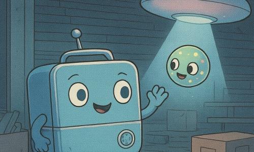 Beep, a shiny metal animated lunchbox with a small antenna, speaker and glowing round LED eyes, pastel blue paint and silver latch, stands on rubber feet and lifts its lid like a curious face; a grape-sized semi-transparent alien sphere speckled with multicolored blinking dots floats joyfully in a beam of light just before Beep; overhead, a large glassy bean-shaped ship with soft pink and blue inner glows emits a pale blue ray that lights the scene in a moonlit storage closet under empty stadium bleachers strewn with boxes, creating a tender, curious, slightly magical nighttime encounter.