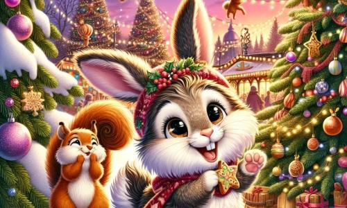 Benny the Bunny, a fluffy little rabbit with big floppy ears and soft fur, is joyfully hopping around a huge Christmas tree decorated with sparkling garlands and colorful baubles. His face radiates happiness, with bright eyes and a beaming smile. Next to him, Sammy the Squirrel, a small squirrel with reddish fur and sparkling eyes, holds a plate of star-shaped cookies, showing an enthusiastic and friendly expression. Lila the Ladybug, with her red wings dotted with black, smiles while singing Christmas carols near the tree, adding a touch of magic to the scene. The setting is a lively Christmas market filled with colorful stalls, twinkling lights, and gently falling snowflakes, creating a festive and warm atmosphere. Forest animals gather around the fire, singing and laughing together as the sky turns pink and gold at sunset. The main scene shows Benny, Sammy, and Lila celebrating together, surrounded by their friends, sharing laughter and delicious cookies while enjoying the spirit of Christmas that unites them.