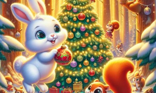 Een klein wit konijntje genaamd Benny, met een zachte vacht en grote glanzende ogen, is bezig een grote kerstboom te versieren. Hij heeft een blije glimlach op zijn gezicht en houdt een gekleurde bal in zijn voorpootjes. Naast hem kijkt een rode eekhoorn genaamd Sienna, met een pluizige staart en sprankelende ogen, vol verwondering toe en is klaar om een glinsterende ster bovenop de boom te hangen. De achtergrond is een betoverd bos, verlicht door een gouden gloed, met zacht vallende sneeuwvlokken, majestueuze dennen omringd door lichtslingers en nieuwsgierige dieren die de scène met interesse bekijken. De hoofdsetting toont Benny en Sienna, omringd door kleurrijke versieringen, terwijl ze samen een feestelijke en magische sfeer creëren om Kerstmis te vieren.