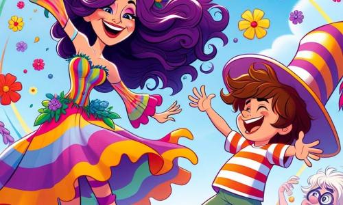 Violeta, o supereroină veselă, este o femeie cu părul lung și ondulat, vopsit în violet, purtând un costum colorat împodobit cu flori strălucitoare. Ea dansează cu un zâmbet mare pe față, cu brațele ridicate spre cer, înconjurată de flori care par să se miște în ritmul bucuriei ei. Lângă ea, un băiat de aproximativ 10 ani, pe nume Tom, are părul castaniu și poartă un tricou cu dungi. El râde cu gura până la urechi, ținând o minge colorată, încercând să îi urmeze mișcările Violetei. Mai departe, un bărbat de vârstă mijlocie, Vilain le Zäpäcit, cu o pălărie de magician prea mare și un costum nepotrivit, se zbate încercând să danseze, având o expresie perplexă și amuzată. Scena se desfășoară într-un parc însorit, plin de flori multicolore care dansează în vânt, sub un cer albastru presărat cu nori pufoși. Copiii joacă în jur, râzând și aplaudând, creând o atmosferă festivă și veselă. Violeta, cu energia ei contagioasă, îi atrage pe toți într-o dans vesel, transformând o zi obișnuită într-un moment magic de râsete și camaraderie.