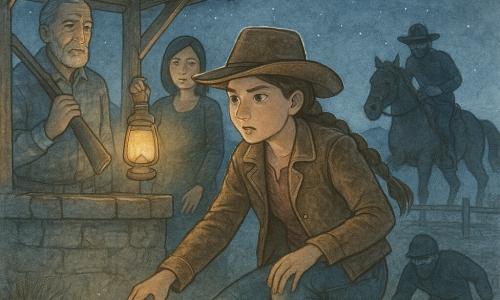 Hoofdpersonage: een jonge cowgirl met bruin haar in een lange vlecht, bruine vilten hoed en versleten leren jas, gehurkt bij een kleine bel aan een gespannen draad, één hand op haar heup, de andere klaar om een in het stof gevallen zak te grijpen; secundair 1: Hank, ongeveer 60, gebruind gerimpeld gezicht, korte grijze baard, geruite blouse, staat achter haar met een geweer op de schouder, rustig beschermende blik links van haar; secundair 2: Rosa, ongeveer 30, getinte huid, kort haar, donkere kleding, houdt een brandende lantaarn die de gezichten verlicht achter de cowgirl; twee silhouetten van gemaskerde indringers: één ligt languit bij een linnen zak, de ander rijdt achteruit met ingevallen hoed en deels in schaduw; locatie: rustieke houten put onder een klein pannendak, stoffige aarde, droge grassprieten, houten schutting en lage prairie op de achtergrond, sterrennacht met een smalle maan die koel blauw licht geeft; situatie: nachtelijke vangst—de cowgirl activeerde een bel aan een draad, een dief viel in het stof bij de put, de lantaarn werpt een warm halo tegen het koude maanlicht, rustige spanningssfeer, zachte aquareltinten, gebarsten houttextuur, opstuivend stof en lichte witte accenten langs gezichten en bel.