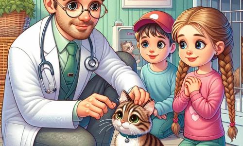 Ein männlicher Tierarzt, Dr. Felix, steht im Mittelpunkt des Bildes, lächelnd mit einem warmen und freundlichen Ausdruck. Er hat braune Haare, runde Brille und trägt einen weißen Kittel mit einem Stethoskop um den Hals. Er hockt neben einer kleinen getigerten Katze und streichelt sie sanft, um sie zu beruhigen. Neben ihm steht ein etwa 8-jähriges Mädchen, Sophie, mit langen, geflochtenen blonden Haaren und einem rosa T-Shirt. Sie schaut den Tierarzt bewundernd an und hält ein Spielzeug in Form einer Maus, um die Katze abzulenken. Ein etwa 7-jähriger Junge mit einer roten Mütze steht etwas im Hintergrund, mit weit aufgerissenen Augen voller Staunen, und beobachtet die Szene neugierig. Die Szene spielt in einem hellen und bunten Tierpflegezentrum mit pastellgrünen Wänden, Bildungspostern über Tiere und einladenden Käfigen für Tiere, die auf Adoption warten. Die Hauptsituation zeigt Dr. Felix, der eine kleine Katze befreit, die in einem Karton feststeckte, während Sophie und der Junge fasziniert von seiner Ruhe und Expertise zuschauen.