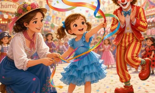 Niña de 4 años feliz y asombrada, ojos brillantes y sonrisa amplia, cabello castaño claro en coletas, vestido azul con volantes y zapatos rojos, sostiene un largo lazo multicolor que gira formando cintas arcoíris; a la izquierda, una mujer adulta sonriente, cabello castaño recogido y sombrero de flores, agachada ayudando a desenredarlo; detrás, un hombre disfrazado de payaso con nariz roja y traje a rayas rojo y amarillo aplaude y da un paso de baile; escena en una plaza de carnaval de día con pavimento claro, guirnaldas, banderolas, globos y confeti, puestos de dulces difuminados al fondo, otros niños disfrazados borrosos, luz cálida y sombras suaves, composición centrada en la niña y el lazo en movimiento.