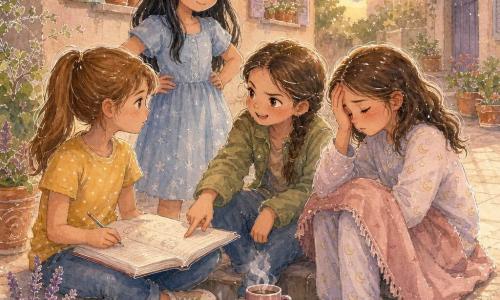 Hay cuatro niñas de 9 años: Clara, castaña clara con coletas, camiseta amarilla con motitas blancas, sentada al borde de la acera a la izquierda con un cuaderno grande abierto en las piernas mirando a las demás; Luna, pelo negro liso con una goma de estrella, vestido azul cielo, de pie ligeramente detrás de Clara con las manos en las caderas; Marta, pelo castaño en trenza, chaqueta caqui, sentada a la derecha de Clara, señalando una página del cuaderno con cejas fruncidas pero ojos risueños; Sofía, pelo castaño ondulado, pijama ligero con lunas, sentada al lado opuesto con la mano en la frente, algo pálida y cansada mientras las otras se inclinan hacia ella. Lugar: patio de edificio al final de la tarde con suelo de losas claras, tendedero y ventanas con contraventanas pastel, macetas en los alféizares y luz cálida de atardecer. Situación: las cuatro forman un pequeño círculo alrededor del cuaderno preparando una 
