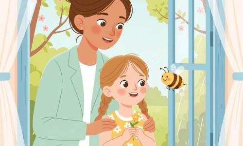 Una bambina di 6 anni, gioiosa e curiosa, capelli castano chiaro in codini, occhi grandi e tondi, vestitino a fiori gialli, tiene un piccolo bocciolo giallo e sorride guardando fuori dalla finestra; dietro di lei la madre (30–35 anni), dolce e premurosa, capelli castani raccolti in chignon, giacca pastello leggera, mano sulla spalla destra e sguardo tenero; una piccola ape gialla e nera vola vicino alla finestra all'altezza del viso, ali traslucide scintillanti; stanza luminosa che si affaccia su un giardino primaverile, tende bianche ondeggianti, finestra di legno azzurro chiaro con gocce di pioggia sul davanzale e alberi con giovani foglie verdi e fiori rosa; la bambina apre la finestra per far entrare l'aria di primavera: scena di scambio dolce tra lei, la madre e l'ape, atmosfera luminosa, colori pastello, forme semplici e linee nette.