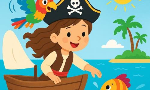 Eine junge Piratin, Kapitänin Mia, steht stolz auf dem Deck ihres kleinen Holzbootes, mit braunen, welligen Haaren, die im Wind wehen. Sie trägt einen schwarzen Piratenhut mit einer roten Feder und eine Lederweste. Ihr Gesicht zeigt Entschlossenheit und Freude, während sie lächelt und in den Horizont blickt. Neben ihr fliegt der fröhliche Papagei Paco mit buntem Gefieder in Kreisen über sie, seine Augen funkeln vor Schalk. Das Boot segelt über ein strahlend blaues Meer, das mit kleinen, glitzernden Wellen unter der strahlenden Sonne bedeckt ist. Im Hintergrund zeichnen sich grüne Inseln mit sanft wiegenden Palmen ab. Mia beugt sich über die Bordwand, bereit, einem traurigen bunten Fisch zu helfen, während Wasserfontänen um sie herum spritzen. Die Szene strahlt ein Gefühl von Abenteuer und Kameradschaft aus, voller lebendiger Farben und Freude.